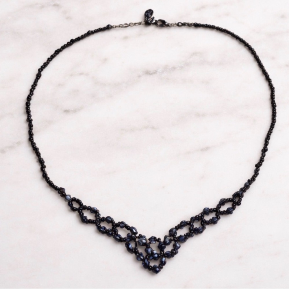 Cool Jewels Black Beaded Necklace Navy Blue Gem Statement Choker